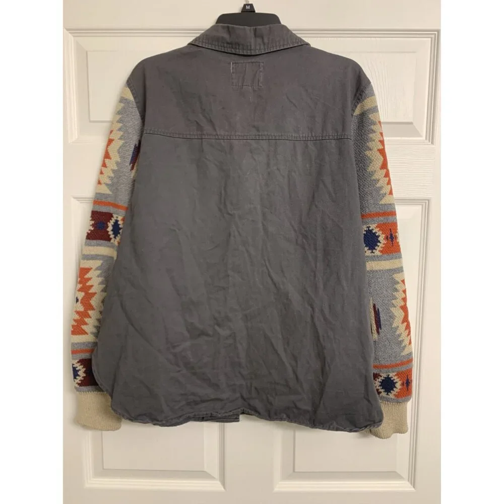 Thread & Supply L Gray Button Up Shacket Aztec Knitted Sleeves 4 Pockets - Picture 3 of 8